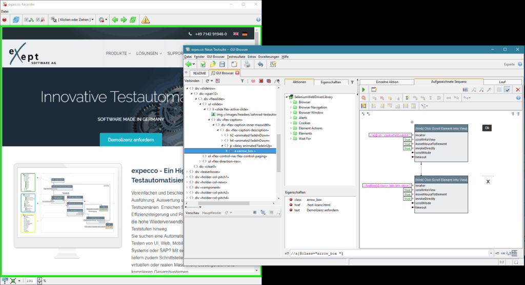 Test entwicklung in der UI von expecco in der Bausteinbibliothek